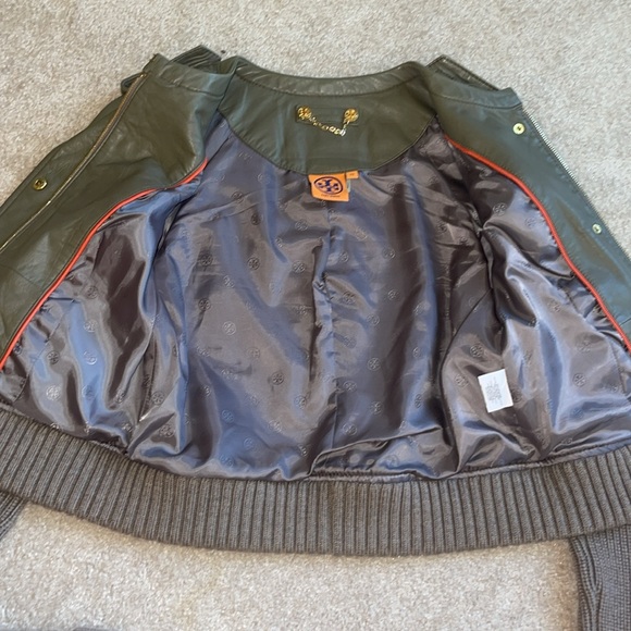 TORY BURCH Green Lambskin & Sweater-Sleeved Biker Jacket Sz XS - Picture 11 of 12